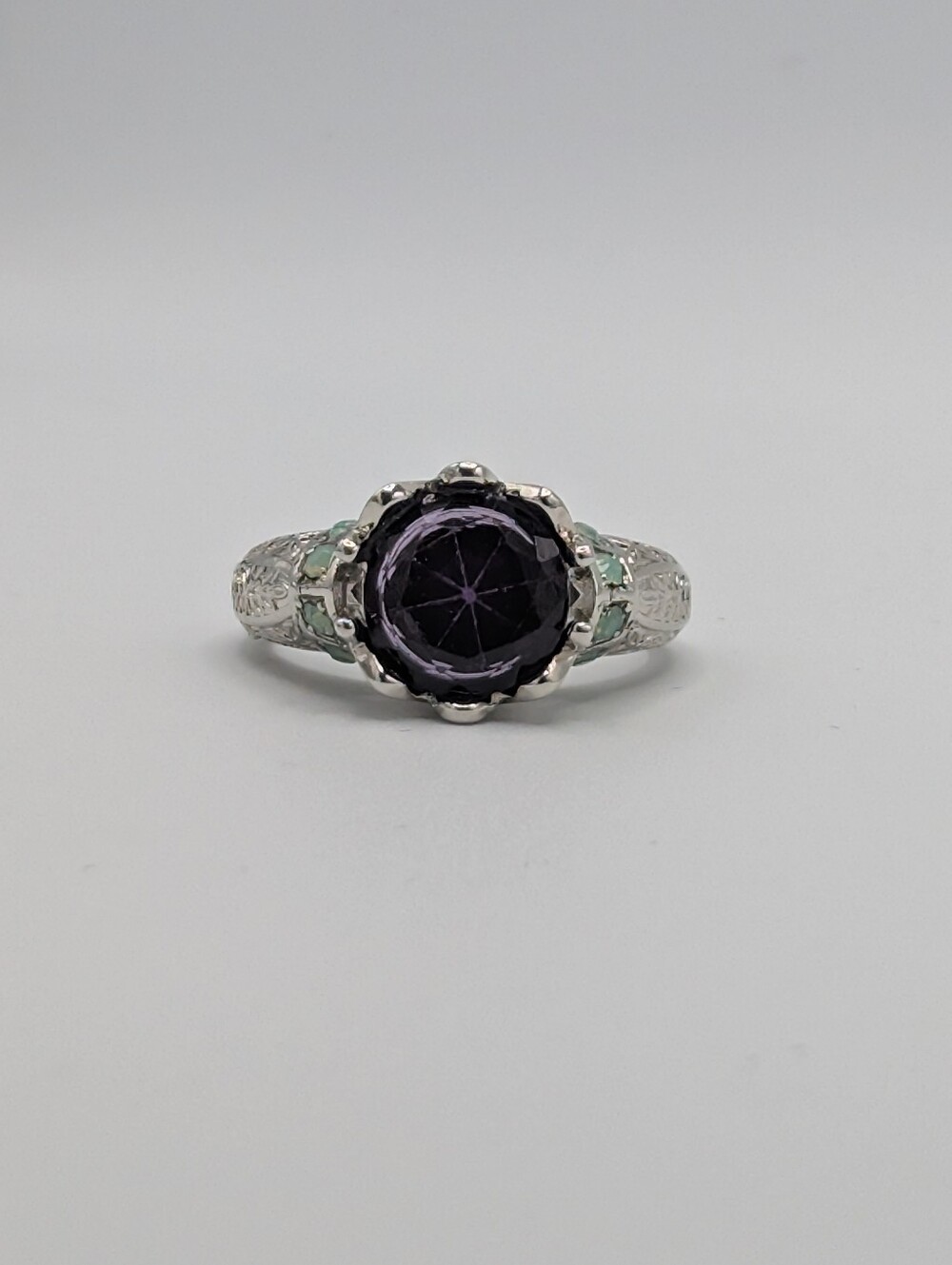 Art Deco Vintage Inspired Purple Faux Opal Statement Ring Silver Tone Filigree - Picture 12 of 13